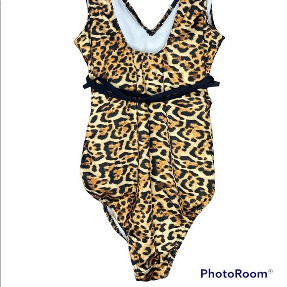 ASOS Leopard Print Black Brown Belted One Piece Deep V Neck Bathing Suit Size 6 - Picture 4 of 7